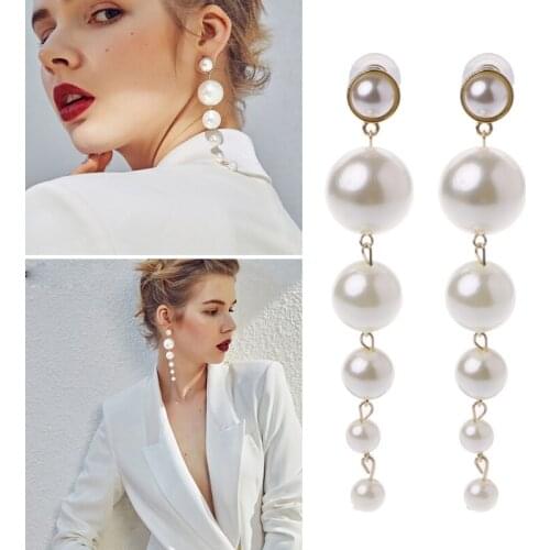 Elegant Long Big Pearls Drop Earrings For Women Statement Jewelry For Wedding