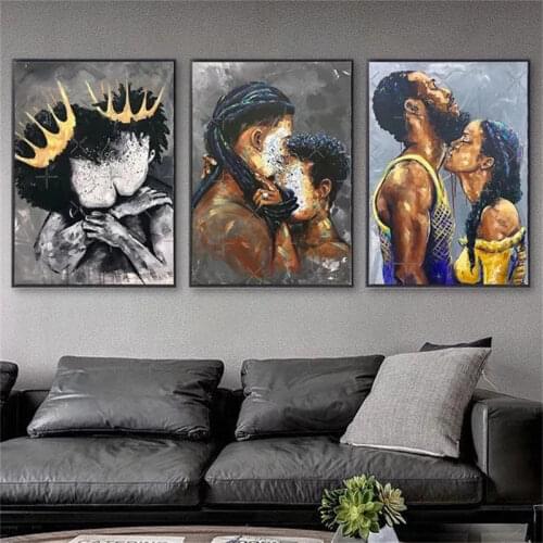 African Art Lover Woman Oil Painting Abstract Kiss Love Posters and Prints Figure Wall Pictures Cuadros for Living Room Decor