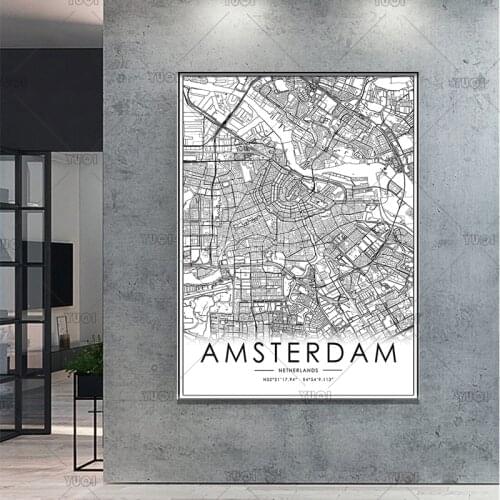 World CityMap AMSTERDAM Black White Map Poster Picture Art Canvas Painting