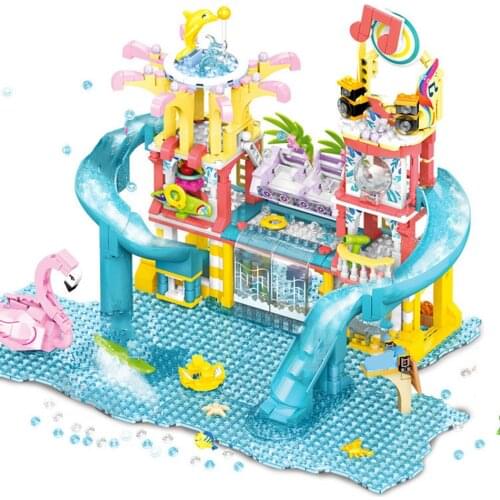Mengwoha Summer Holiday City Water Park Building Blocks Friends Swimming Pool Girl Figures Educational Toys For Children Gift