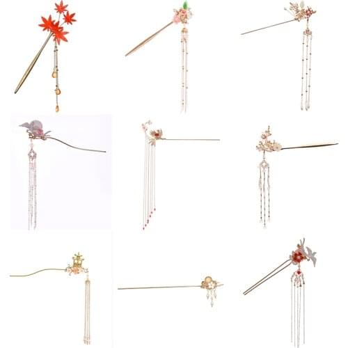 Newest Flower Hair Forks Retro Style Long Tassel Hairpins Clip Maple Leaf Hair Stick Pearl Bead Step Shake Chinese Wedding Bride