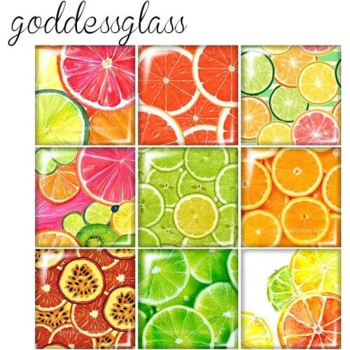 New cute Fruit Orange Lemon Square 10pcs mixed 12mm/20mm/25mm/30mm photo glass cabochon flat back Making findings