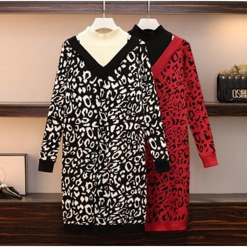 EHQAXIN Autumn Winter Womens Leopard-Print Knitted Dress Fashion Mid-Length Contrast Stitching Base Long-Sleeved Sweater L-4XL