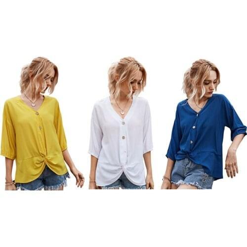 Button V-Neck Sexy Womens T-Shirt Streetwear Summer Tops 3/4 Sleeve Fashion Casual Tees Shirts