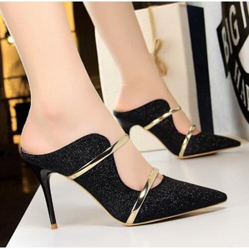 Ladies Summer Fashion High Heels Sexy Party Slippers High Heel Sandals Shiny Women Slippers Elegant Outdoor Slides Brand Slides