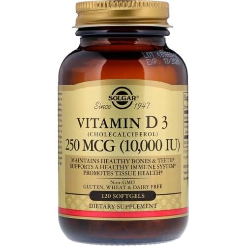Solgar Vitamin D3 (Cholecalciferol) 250 mcg (10,000 IU) 120 Softgels Healthy Bones Teeth Tissue Immune System FREE SHIPPING