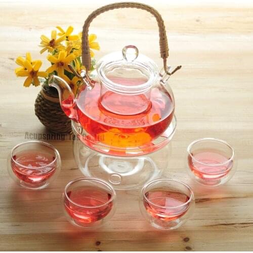 800ml Rattan handle Glass teapot with infuser/filter+ 4/6 Cups + Warmer+candle,tea set for herbal/flower/black/green Puer tea