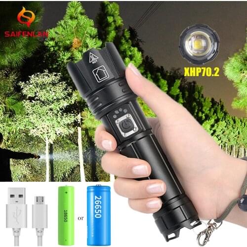 Super Bright XHP70.2 LED Flashlight With battery display Waterproof Tactical LED Torch Telescopic zoom for hunting Fishing