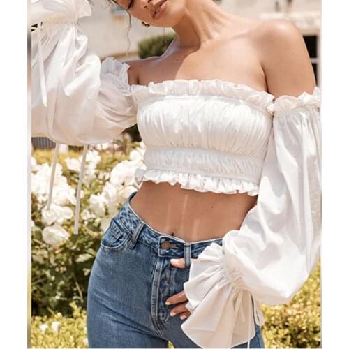 2020 Women T-Shirt Female Long Flare Sleeve Off-the-Shoulder Short Tops Elegant Ladies Ruffles Solid Slim Ruched Clothing