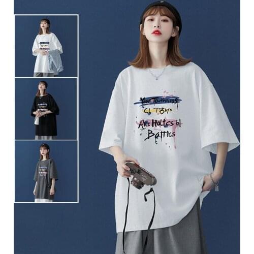 Summer 100% Cotton T-shirt Women Vintage Casual Shirts Tops White Half sleeve T-shirts New Plus size Loose Print T-Shirt Fashion