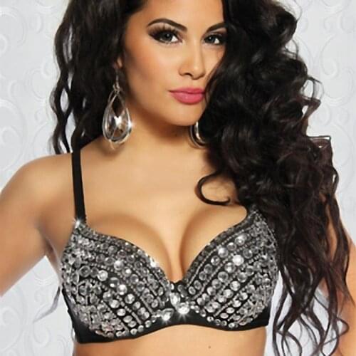Sexy Bra Women Push Up Luxury Handmade Sequined Bra Lady Silver Punk Style Studded Sponge Bras For Show Party