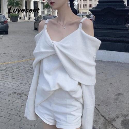 Solid White Lady Elegant Sexy Sweater Autumn Women Off Shoulder V Neck Strap Criss-cross Long Sleeve Pull Sweaters Sweet Jumpers