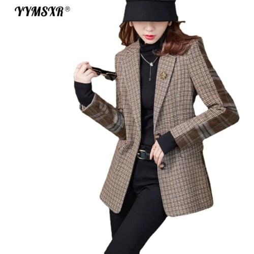 S-4XL Large Size Suit Womens High-quality 2021 New Autumn and Winter Temperament Plaid Stitching Long-sleeved Ladies Jacket