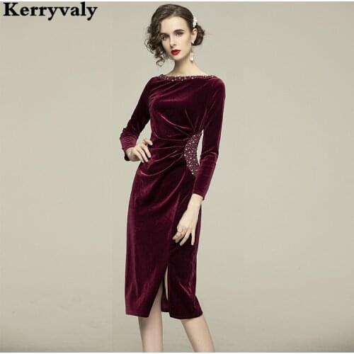 New 2021 Spring Wine Red Velvet Nail Bead Split Dresses for Women Party Midi Vintage Bodycon Dress Bestidos De Navidad K8118