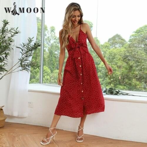 2021 Summer New Wave Point Tie with Bow Sling Dress Elegant Fashion A-LINE Mid-Calf Spaghetti Strap V-Neck Dresses Women