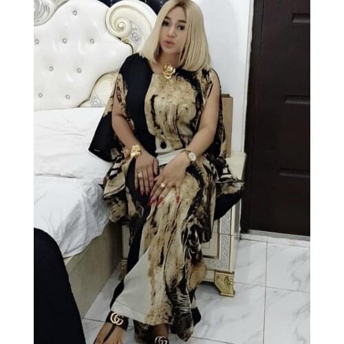 Muslim African mother loose robe V-neck printed bat sleeve dress new womens dress 2021