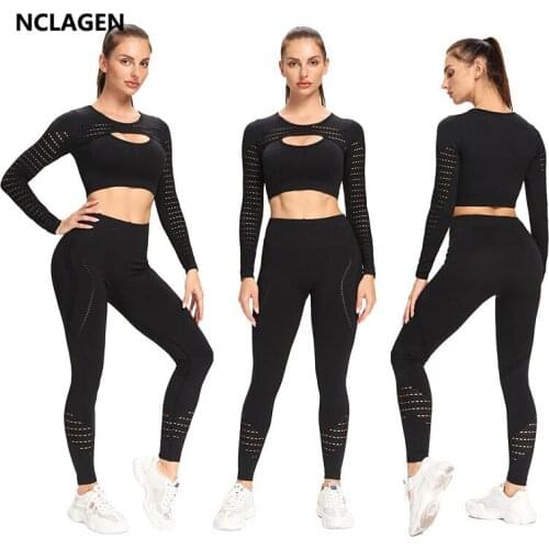 Seamless Suit Women Elastic GYM Yoga Set Fitness Sport Leggings Top Long Sleeve Fit Training Mesh Hollow Out Workout Sportwear