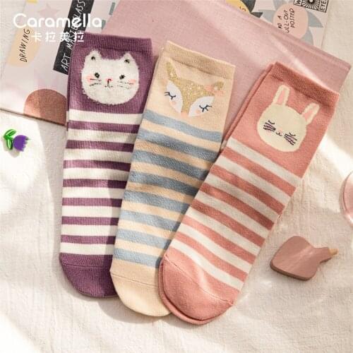 Caramella 2020 New Cartoon Women Socks 3Pairs/lot Cute Cat Girls Socks Funny Animal Party Women Socks Cotton Comfy Female Socks
