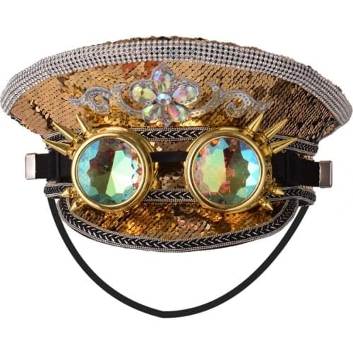 Fashion Women Green Police Hat With Punk Gear Glasses Performance Steampunk Military Hat Captain Hat Club Shower Guard Hat