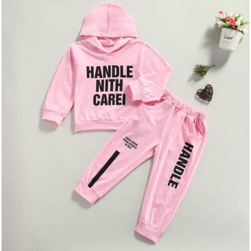 2 Pcs Baby Girls Letter Print Outfits, Casual Long Sleeve Hoodie + Trousers with Slant Pockets Spring Autumn