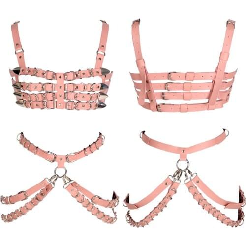 Pink Lingerie Belt Set Leather Crop Top Metal Ring Cage Chest Women Garter Belts Waist Bondage Suspender Body Harness Bra Party