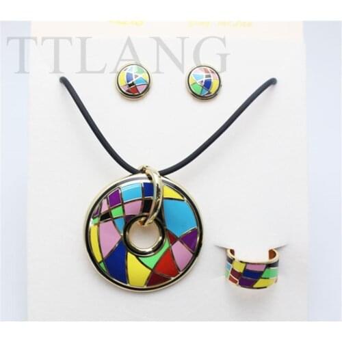Colorful Rainbow Colors Design Enamel Jewelry Set (Necklace, Earring, Ring), 1 set/pack