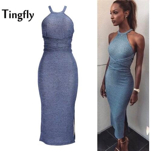 Tingfly Summer Fashion Off Shoulder Sleeveless Sexy Club Women Dress Slim Bodycon Knitted Sweater Knee Midi Party Split Dresses