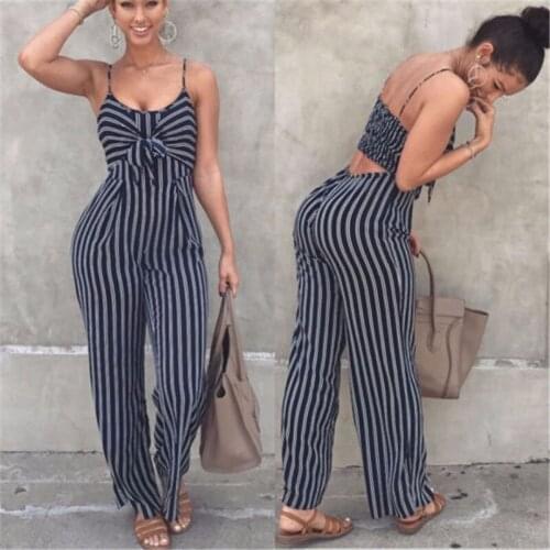 Summer Blue Backless Stripe Jumpsuits Sexy Party Jumpsuits Casual Bowtie Overalls Wide Leg Pants Jumpsuit Plus Size