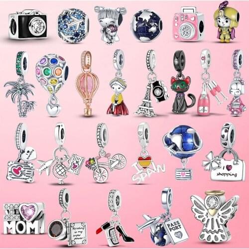 925 Sterling Silver Berloque Eiffel Tower Camera Globe Plane Travel Charm Beads Fit Original Pandora Bracelet Necklace Jewelry