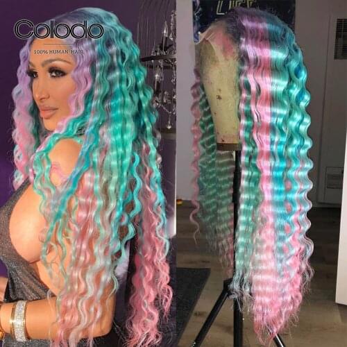Pink Purple Blue Rainbow Wig 13x4 Deep Wave Frontal Wig Pre Plucked Lace Front Hauman Hair Wigs with Baby Hair COLODO