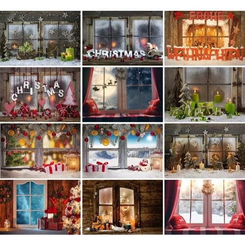 Christmas Backdrop Tree Winter Window Gift Candle Santa Bell Kid Portrait Toy XMAS Photography Background Photostudio Decor Prop