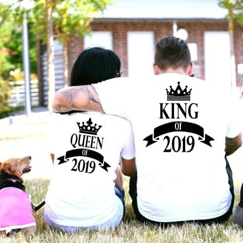 Crown Printing Couple Clothes Summer T-shirt Casual Tops Lovers Tees New Years Couple Shirts King Queen of 2019 Couples T Shirt