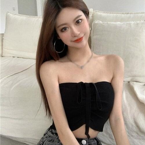 Sexy Summer Suspender Vest For Women Off Shoulder Fashion Design Drawstring Open Navel Knitting Tanks
