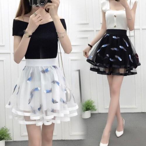 High Waist A- line Bubble Skirt Summer Mesh Pleated Skirt Woman Skirts Mujer Faldas Saias Mulher