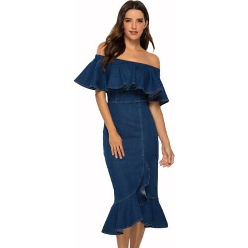 WSYORE Plus Size Bodycon Denim Dress 2021 New Summer Women Sexy Tight Hip Package Ruffled Off Shoulder Dres NS1229
