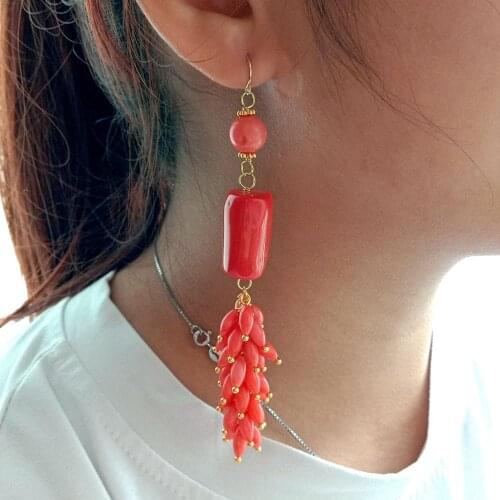 YYGEM Ethnic style 15x22MM barrel rice Orange Coral Tube Gold color Plated Hook Earrings dangle earrings for women