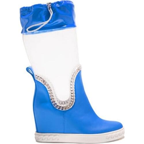 Fashion Women Half Transparent Metal Chains Mid-calf Boots Woman Cow Leather PVC Patchwork Height Increasing Riding Bottines