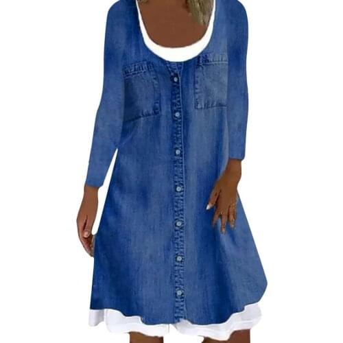 Vintage Denim Dress Women Fake Two Piece Large Hem 2021 Autumn Oversize O Neck Single-breasted Long Sleeve Dresses Streetwear