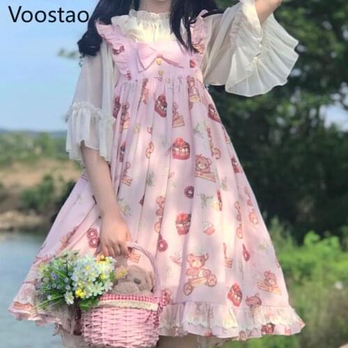 Japanese Sweet Jsk Lolita Dress Women Vintage Victorian Gothic Cartoon Bear Print Sleeveless Dresses Girly Cute Bow Party Dress