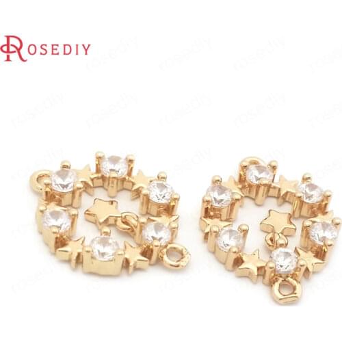 35201)6PCS 18x12.5MM 24K Gold Color and White Zircon Brass Circle Star Connect Charms Pendants Diy Jewelry Findings Accessories