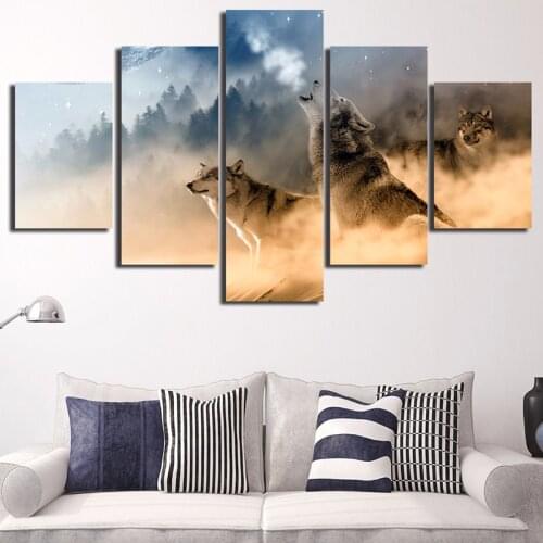 Canvas Painting Pictures 5 Pieces Wall Art Animal Wolves Growl Forest HD Printing Living Room Bedroom Mural Home Decoration