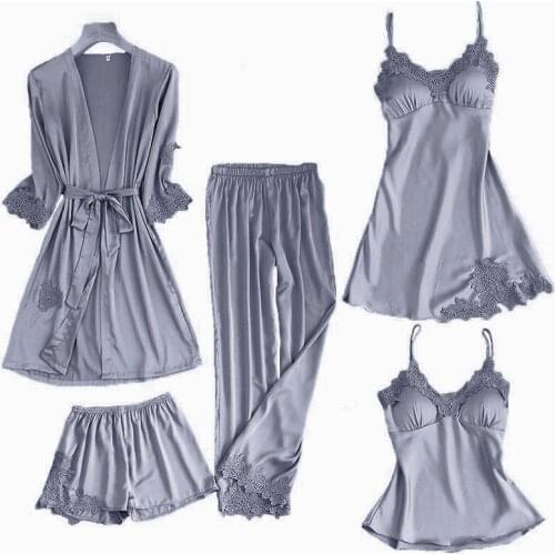 Satin Lace Pajamas Sets Womens 5PC Bride Wedding Sleepwear Pyjamas Spring Home Wear Nightwear Bath Gown Nighty Robe Suit
