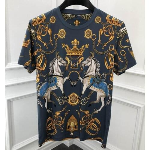 Europe style mens summer high quality diamonds casusal t-shirts chic retro print Tee tops B718