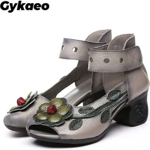 Gykaeo 2020 Summer Folk Style Female Genuine Leather Thick Sandals Women Flower Fish Mouth High Heel Party Shoes Zapatos Mujer