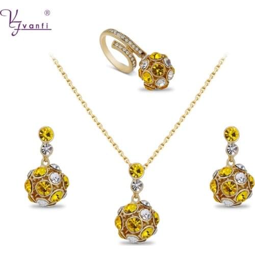 Kfvanfi White Yellow Blue Stone Rhinestones Crystal Fashion Colorful Ball Necklaces Earrings Ring Set Woman Gift