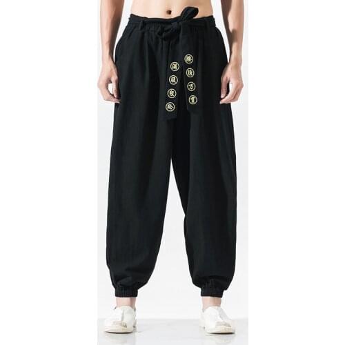 Harajuku Kimono Japanese Costume for Man Wide Leg Pants Casual Bandage Embroidery Loose Linen Trouser Male Harlan Haori Samurai
