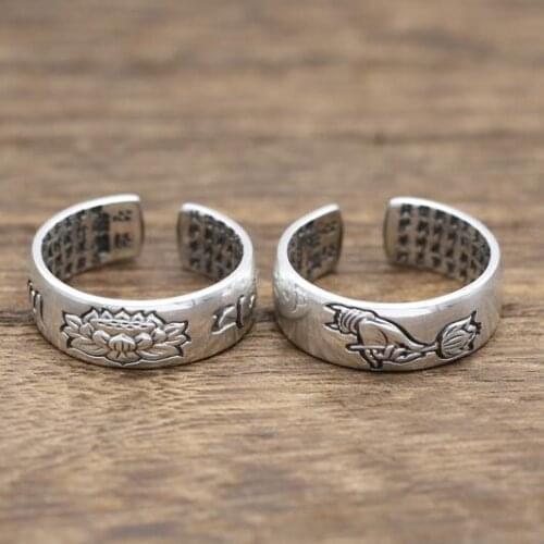 Vintage 925 silver lotus ring sterling silver tibetan om ring real pure silver buddhist symbol ring adjustable