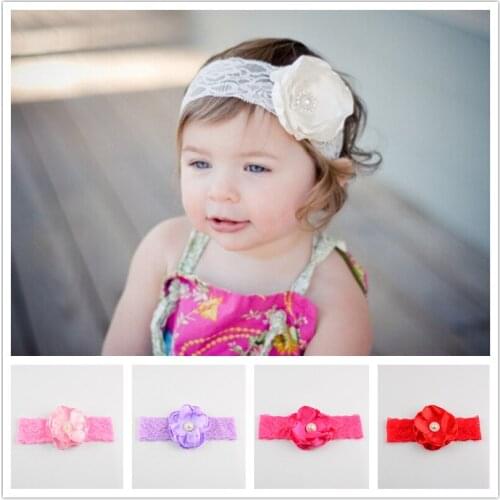 Beautiful Girls Headbands With Burned Satin Flowers Pearl Centre 10C In Stock 5pcs/lot Lace Headwear For Girls Hair FDA124