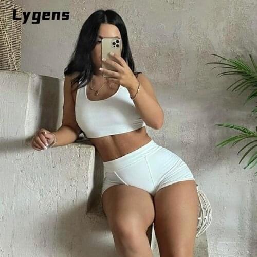 Lygens 2021 Summer Women Solid Sporty Two Pieces Tank Crop Top Biker Shorts Set Bodycon Tracksuit Fitness Active Wear Outfits