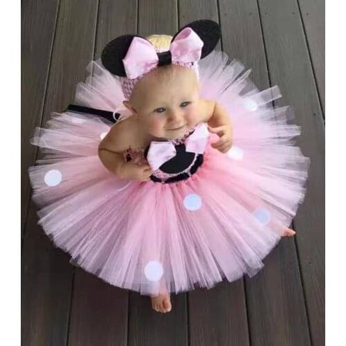 Lovely Girls Pink Cartoon Tutu Dress Baby Mickey Minnie Crochet Tulle Tutus with Dots Bow and Headband Kids Birthday Party Dress